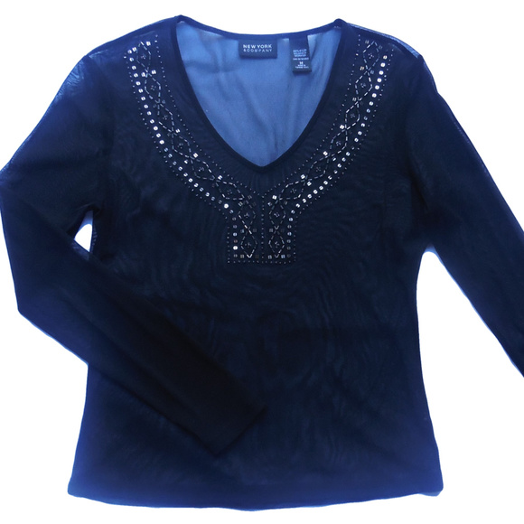 Blouse MEDIUM V-neck Slim Fit Top Medium Sheer Black Beaded long sleeve - Picture 1 of 5